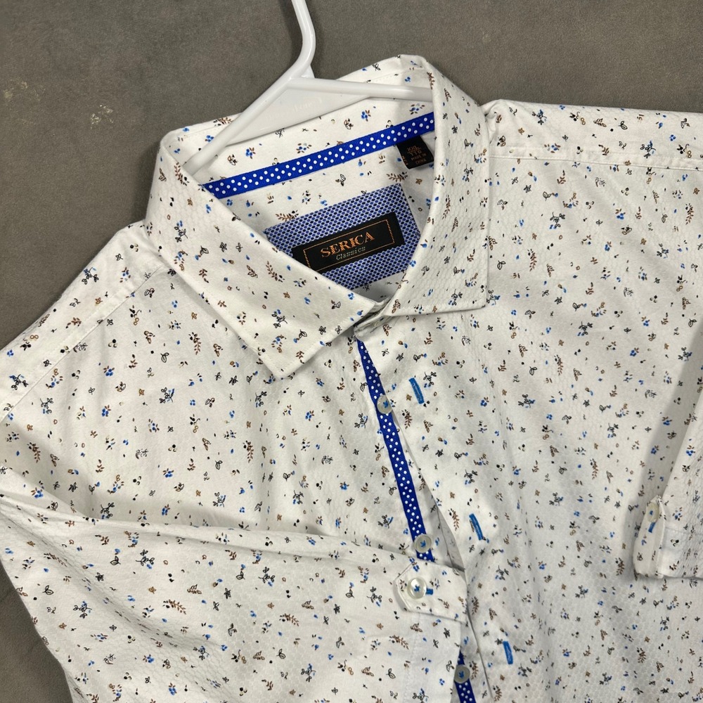 Serica Classics Button Down Men XXL White‎ Floral Polka Dot Trim Excellent
